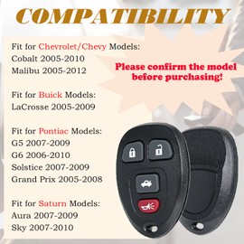 Keyless Entry Remote Control Key Fob Replacement Fits for Chevy Malibu Cobalt 2005-2012 Pontiac G5 G6 Grand Prix Solstice 2005-2010 Buick Lacrosse Saturn Aura Sky KOBGT04A 15252034 315 Mhz