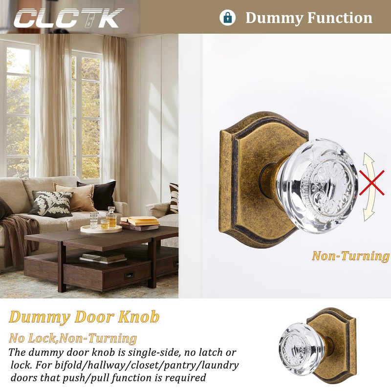 CLCTK Crystal Glass Dummy Door Knob, Hall and Closet Antique