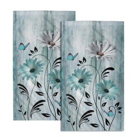Giwawa Daisy Floral Hand Towels Teal White Flower Guest Towel Set of 2 Soft Absorbent Fingertip Towels for Bathroom Home Sports Gym Decor