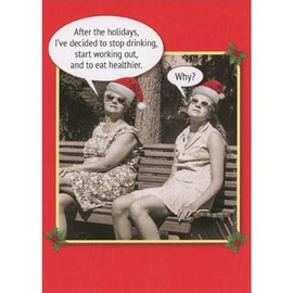 Sellers Publishing RSVP Two Women on Bench Photo: Start Working Out and Eat Healthier Humorous/Funny Christmas Card for Her