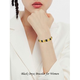 HPQQ Black Onyx Bracelet for Women 18k Gold Plated Sterling Silver Black Onyx Jewelry Fortune Good Luck Gemstone Bangle Bracelet Birthday Gifts for Mom Wife Her