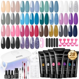 JEWHITENY 28 Colors Poly Gel Nail Kit Nude Gray Black grey Blue yellow purple Glitter All In One Starter Kit Poly Extension Gel Nail Kit With Nail Lamp Base Top Coat Builder Gel Nail Kit - Color: Black
