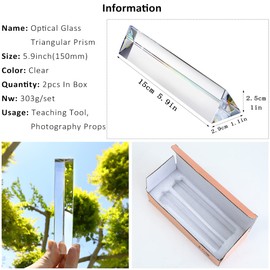 QFkris 2 Pack 6inch K9 Crystal Optical Glass Triangular Prism Clear Triple Prism for Photography Effects Physics Teaching Light Spectrum Optics Kits,Clear