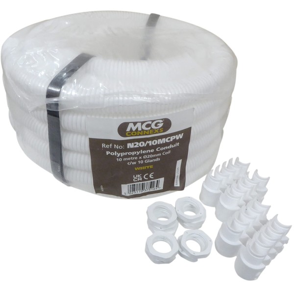 10 Metre 20mm or 25mm Flexible Conduit Tube Contractor Pack with 10 Glands and Locknut - White (20mm)