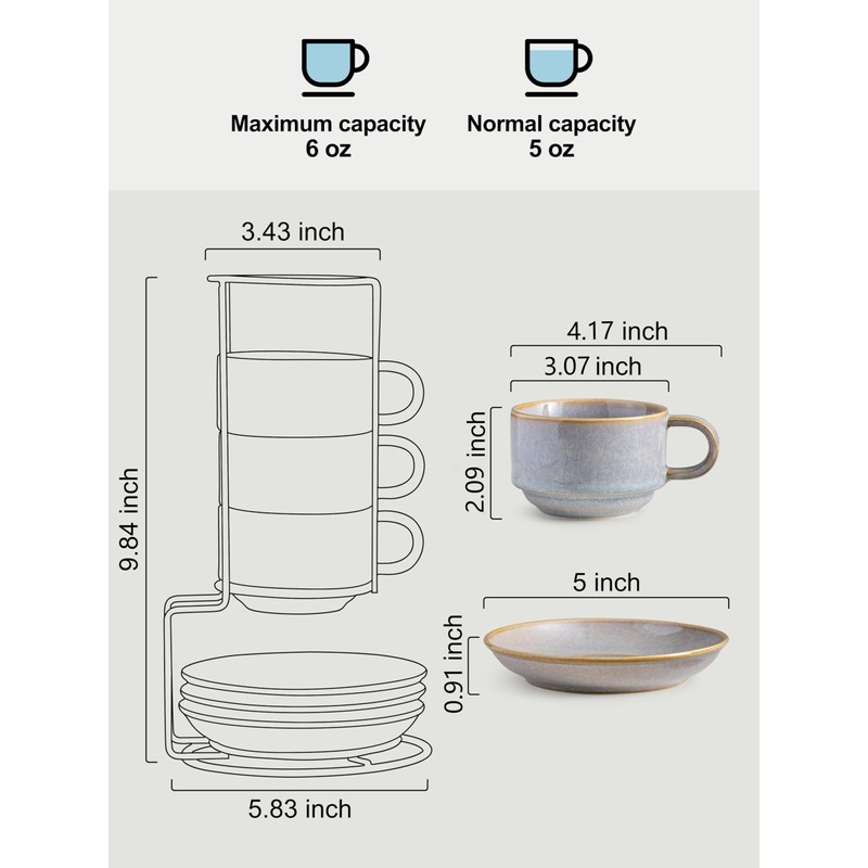 Gomakren 6 Ounce Cappuccino Cups with Saucers and Metal Stand,