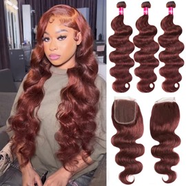 10A Human Hair Bundles with Closure Body Wave 33B Cooper Red Bundles Human Hair with Closure 22 24 26+20 Free Reddish Brown Colored Bundles with 4x4 HD Lace Closure