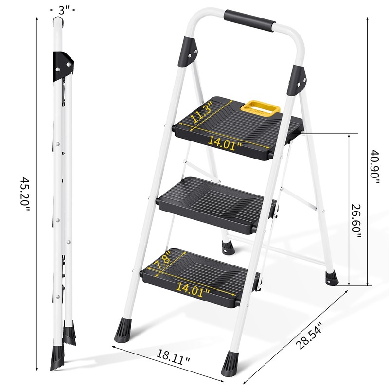 KINGRACK 3 Step Folding Ladder, 800lbs Capacity Step Stool with