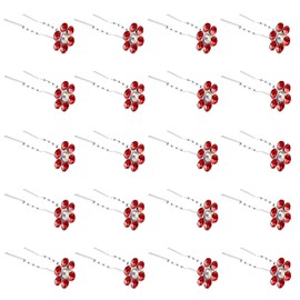 QIUTIMIY 20 Pack (Red) Crystal Flower Hair Pins Rhinestone Hair Clips for Bridal Wedding Women Hair Jewelry Accessories, with Clear Container