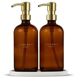 MaisoNovo Kitchen Soap Dispenser Set - 16.9 fl oz Amber Glass Dish Soap Dispenser with Gold Pump Set of 2 and Oval Concrete Tray