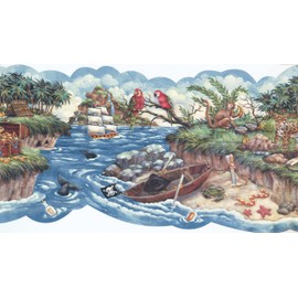 Concord Wallcoverings Wallpaper Border Pirate Pattern Islands Ships Swords Treasures Parrots, Die Cut Edges for Kid's Bedroon Playroom Boy's Room, Blue Green Red Brown Yellow, 13 Inches by 15 Feet JM015203B