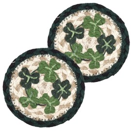 St. Patricks Coasters, Braided Jute with Clover Circle Design, Woven Coaster Set for Mugs and Cups, Seasonal Kitchen Decor, 5 Inches (Pack of 2)