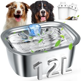 3 Gallon Dog Water Fountain for Large Dogs, 12L Stainless Steel Pet Water Fountain Inside, Automatic Dog Water Bowl Dispenser Dog Drinking Fountain with 2 Filters for Multiple Pets