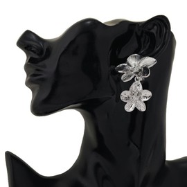 Aloha Earrings Non Pierced Silver Tone Clip On Double Flower Statement Dangling Earrings