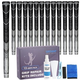 Geoleap Golf Grips Set of 13- Grips with Tapes and Grips with All Repair Kits for Choice,Hybrid Golf Club Grips,Standard/Midsize,All Weather Contral, High Feedback & Traction. (Midsize, Grey-Pro Kit(13 Grips with All Repair Kits))
