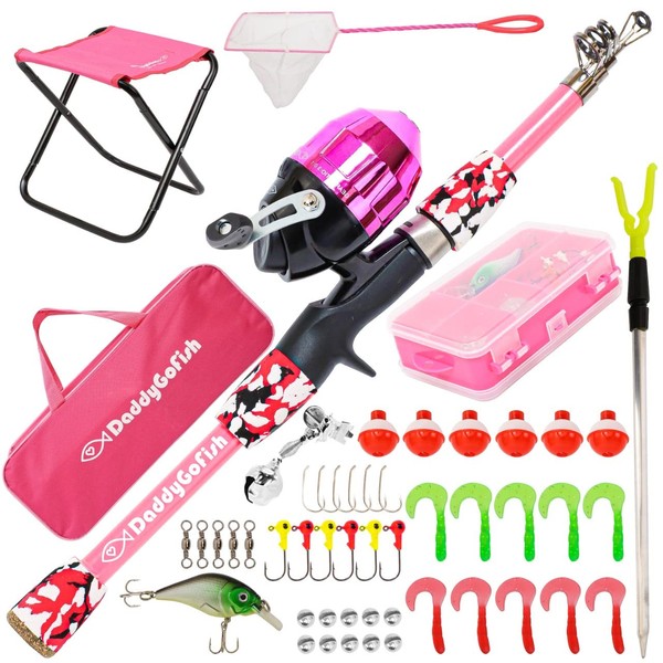 DaddyGoFish Kids Fishing Pole – Telescopic Rod & Reel Combo with Collapsible Chair, Rod Holder, Tackle Box, Bait Net and Carry Bag for Boys and Girls (Pink, 4ft)