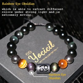 Birthday Gift, Rainbow Black Obsidian Womens and Mens bracelet, 10mm Natural Tigers Eye Hematite Bracelet Zodiac Healing Crystal Bracelet Bring Good Luck Gifts(Capricorn gifts)