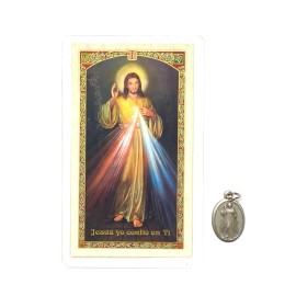 Corona Divina Misericordia Tarjeta Laminada de Oracion Espanol con Medalla Charm