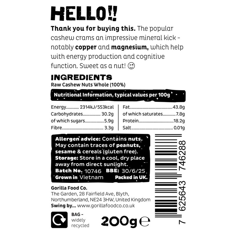 Gorilla Food Co. Cashew Nuts Whole - 200g
