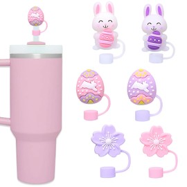 Afoxon 6 Pcs Easter Day Straw Cover Straw Topper, Straw Cover Cap for Cup Accessories 40 & 30 oz Tumbler, Easter Day Straw Decoration Party Supplies (6Pcs White Purple Pink)