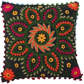 GURU SHOP Boho Cushion Cover, Colourful Embroidered Folklore Cushion in Mexican Style, Black/Orange, Cotton, 40 x 40 x 0.5 cm, Decorative Cushion, Sofa Cushion