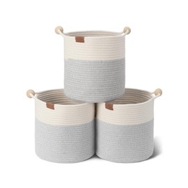 StorageWorks Woven Storage Baskets with Wooden Handles - 11 x 11 Cube Storage Baskets for Living Room, Nursery, White & Grey, 3-Pack