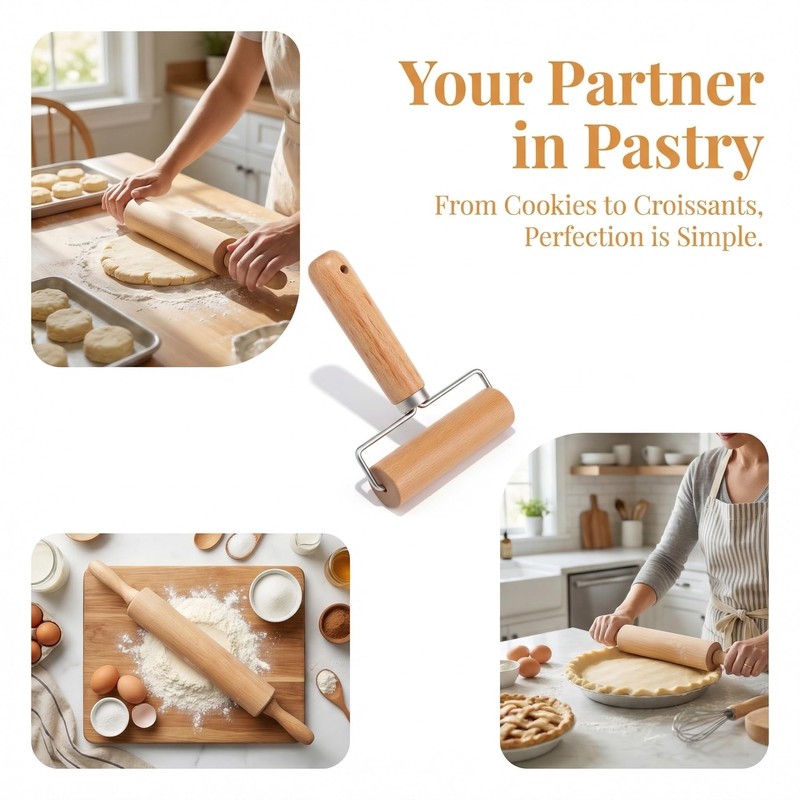 Large T-Shaped Rolling Pin, Wooden Dough Roller with Stainless Steel