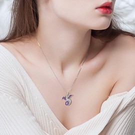 PEIMKO Dragon Amethyst Pendant Necklace for Women Silver Oxide Dragon Chains Vintage Jewelry Birthday Christmas Gifts, Sterling Silver, Amethyst