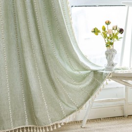 Sage Green Boho Farmhouse Curtains for Bedroom Living Room 63 Inches Long Curtains 2 Pannels Cotton Linen Window Curtain, Bohemian Tassel Curtain Drapes, 55" W x 63" L,Sage Green