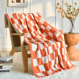 Manta a cuadros para sofá, mantas de tablero de ajedrez naranja con microfibra suave y esponjosa para sofá de cama, manta de cama decorativa ligera de punto acogedor para camping, picnic, 60 x 80