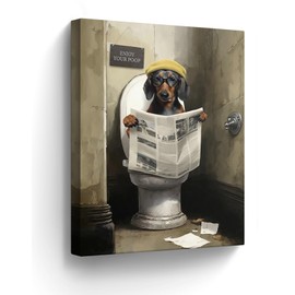 Funny Dachshund Dog Canvas Wall Art Bathroom Dog Picture Farmhouse Wall Decor Dog Sitting in Toilet Reading Newspaper Painting for Toilet Bathroom Animals Artwork Framed 12"x16"
