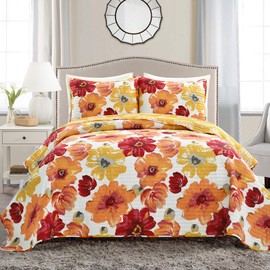 Lush Decor - 16T005050 Leah Quilt Floral 3 Piece Reversible, Full/Queen, Red & Orange