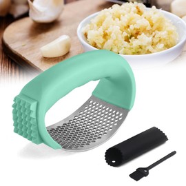 Kitchen Garlic Presser, Garlic Press Rocker Garlic Mincer Garlic Crusher with Peeler and Cleaning Brush, Stainless Steel Garlic Mincer for Smash Garlic Kitchen Gadgets (B)