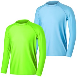 MASOCIO Pack of 2 Men's Long-Sleeved UV Protection Shirt Water UPF 50+ Rash Guard Breathable Quick-Drying Shirts, blue/green