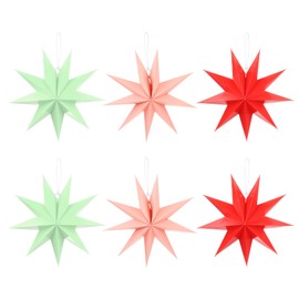 MECCANIXITY 6 Pcs Paper Star Lanterns 9-Pointed 12" Hanging Star Paper Lantern Hanging Lampshade for Christmas,Wedding,Graduation Party Supplies, Mint Green, Pink, Red
