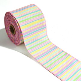LINGMIN Easter Ribbon for Wreath Bow Wrapping Gifts, Pastel Stripe Happy Easter Ribbon for Gift Wrapping Decoration Party Supplies Craft 10 Yard Wired Spring Easter Theme Wreath Ribbon