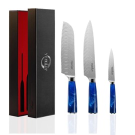 Juegos de Cuchillos de Cocina 3 Piezas, Yeeclot Cuchillo de chef profesional de estilo japonés, Cuchillo Santoku, Cuchillo para pelar, Nuevo mango de resina azul con caja de regalo
