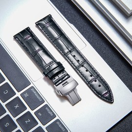 BINLUN Leather Watch Strap, Quick Release Genuine Leather Replacement Watch Band with Butterfly Deployment Buckle for Men and Women, 12mm-24mm(Black-Silver,17mm)