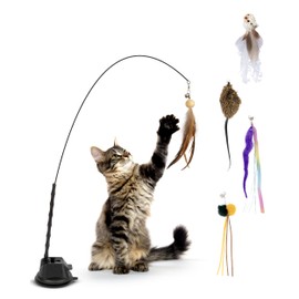 LENOK Cat Fishing Toy with Suction Cup and Feathers - Interactive Cat Toy Set with Bird Simulation - Play Fishing Rod for Cats - Long