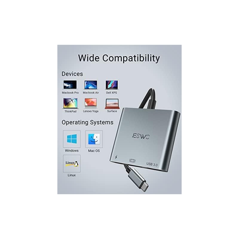 JESWO Adaptador USB C a HDMI, 3 en 1 Adaptador