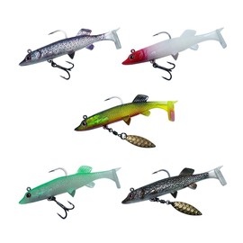 5 Pieces Pre-Rigged Jig Head Paddle Tail Lures, Soft Plastic Fishing Lures with Spinner Blades, 3D Eyes, Sharp Hooks, Realistic Swimbaits Lures for Freshwater Saltwater Bass Trout Walleye