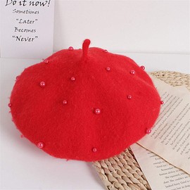 Baby Girls Pearl Beret Hats Sweet Pearl Beanie Hats Spring Summer Children Kids Girls Caps Woolen Party Baby Accessories 2-6Y (Red, 2-6 Years)