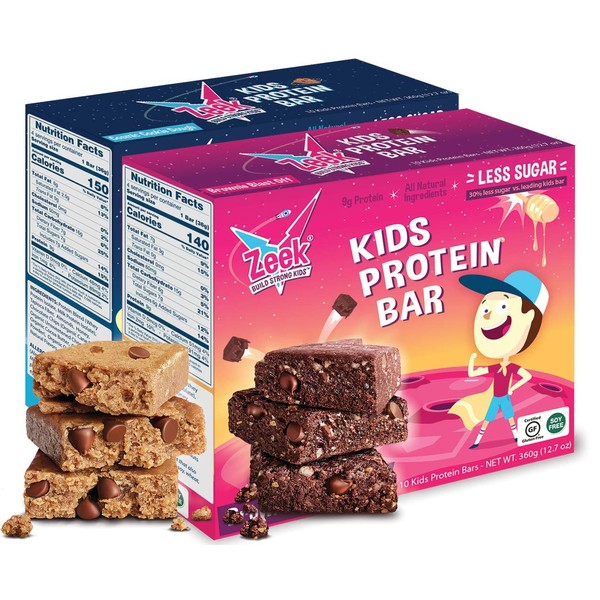 Zeek Kids Protein Bar | 30% Less Sugar, 9g Protein, All Natural Ingredients | Nutritious Snack Bars for Growing Kids | Variety, 20 Count