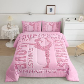 Manfei Gymnastics Lovers Kids Comforter Set Twin Size,Glitter Gymnast Silhouettes Bedding Set,Girls Boys Adults Home Decor,Cheerleading Sports Down Comforter,Pink Romantic Duvet Insert,1 Pillowcase