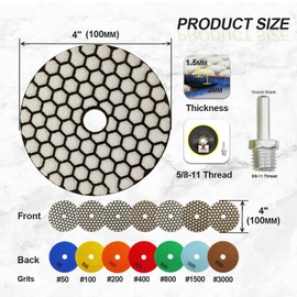 Dry Diamond Polishing Pad 100 mm 7 Pieces Grit 50/100/200/400/800/1500/3000 Polishing Discs with M14 Support Plate + Adapter for Granite Marble Artificial Stone Quartz for Angle Grinder SANLEETEK