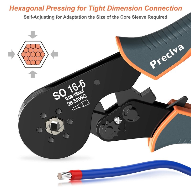 0.08-16mm² Ferrule Crimping Tool, Preciva AWG 28-5 Hexagonal Crimping Tools,