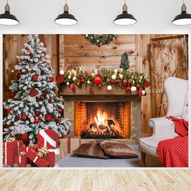 CRTPOD Christmas Backdrop Winter Rustic Fireplace Wooden House Xmas Trees Gifts Background Photography Banner for Birthday Christmas Party Celebration Decorations Photo Photobooth Props 7x5ft