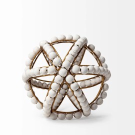Homeroots 9" White Wooden Bead And Gold Orb Sculpture