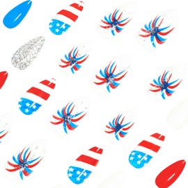 24pcs 4th of July Press on Nails Short Almond Fake Nails with American Flag Glitter Designs Independence Day Fireworks False Nails Red Blue Acrylic Nails Full Cover Stick on Nails for Women