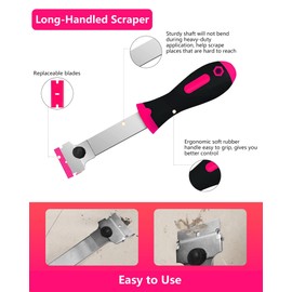 Razor Blade Scraper,Long Handle Razor Scraper with 10 Plastic and 10 Metal Blades - Perfect for Removing Labels, Stickers, Registration Stickers, and Grease from Windshields, Tint, and Glass (Pink)