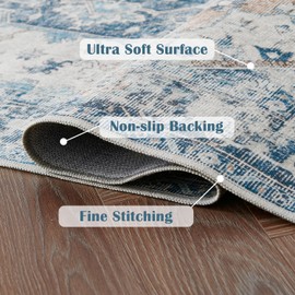 Jinchan - Alfombra de área lavable de 2 x 3 pulgadas, para interiores, entrada, estilo clásico, color azul, estilo retro, envejecido, felpilla, ligera, antideslizante, baño, cocina, sala de estar, recámara